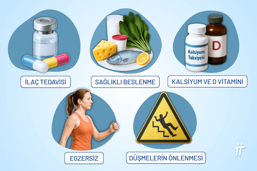Kişinin yaşam tarzına ve risk faktörlerine göre şekillendirilen kemik erimesi tedavisi, ağrıyı yönetmeyi ve hastanın bağımsızlığını korumayı amaçlayan bir kapsama sahip olmalıdır.