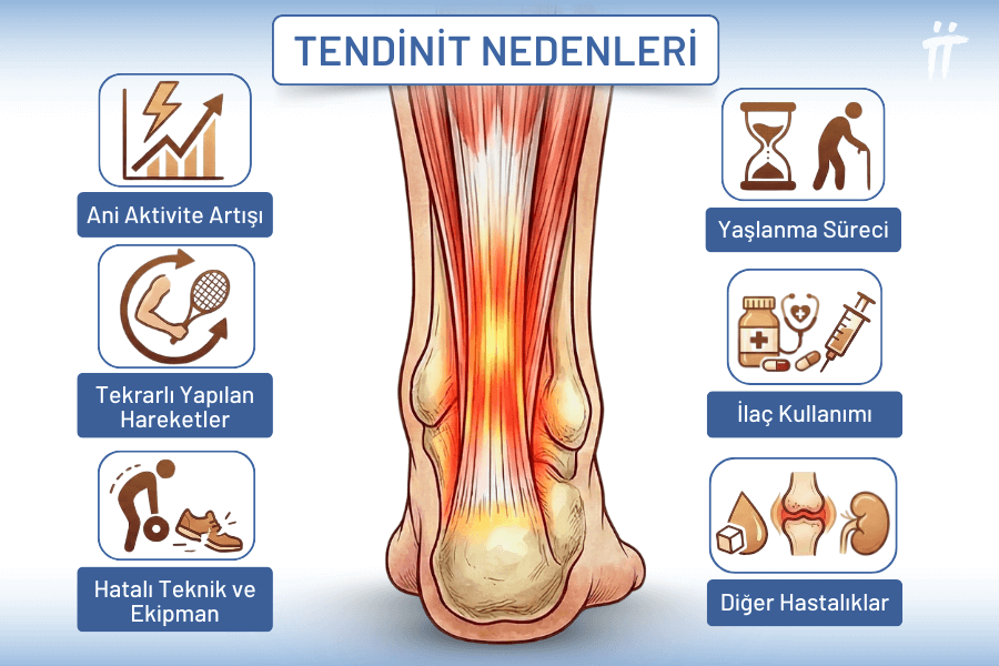 İş veya spor sırasında art arda yapılan hareketler, ani aktivite artışları ve hatalı teknik kullanımı, tendon iltihabı oluşumunun en sık görülen nedenleri arasında yer alır.