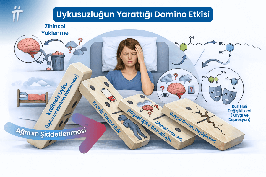 Uykusuzluk, ağrının yanı sıra bitkinlik ve bilişsel zorluklar gibi diğer fibromiyalji belirtileri üzerinde de olumsuz bir etkiye sahiptir.