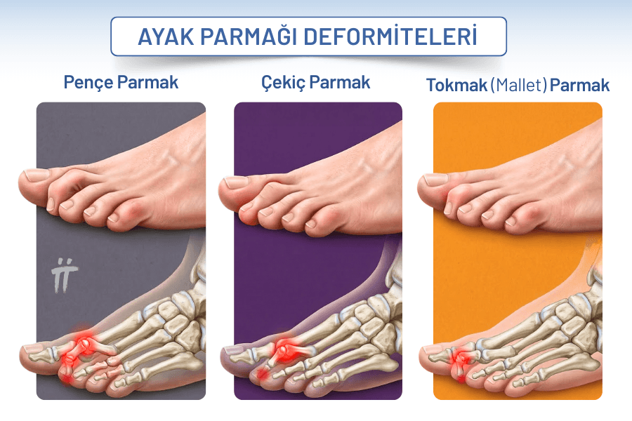Parmak eklemlerinin farklı noktalardan bükülmesiyle oluşan ayak parmağı deformiteleri, ayak parmak ağrısı şikayetine neden olabilir.