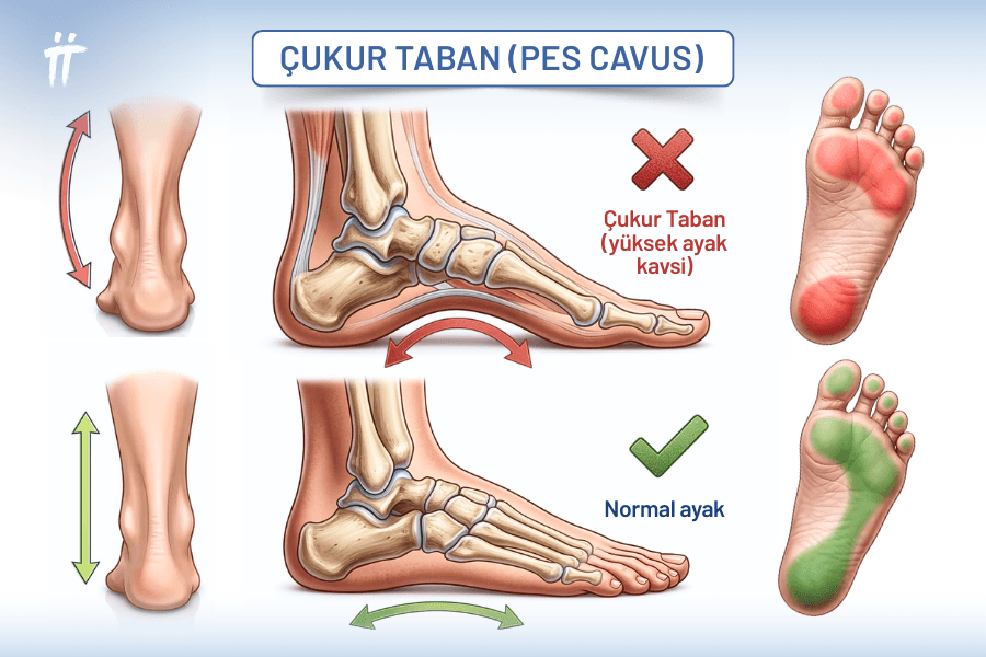 Ayağın dışa dönmesine neden olan çukur taban yapısı, sık tekrarlayan burkulmalarla birlikte ayak tabanında ağrı oluşmasına zemin hazırlar.