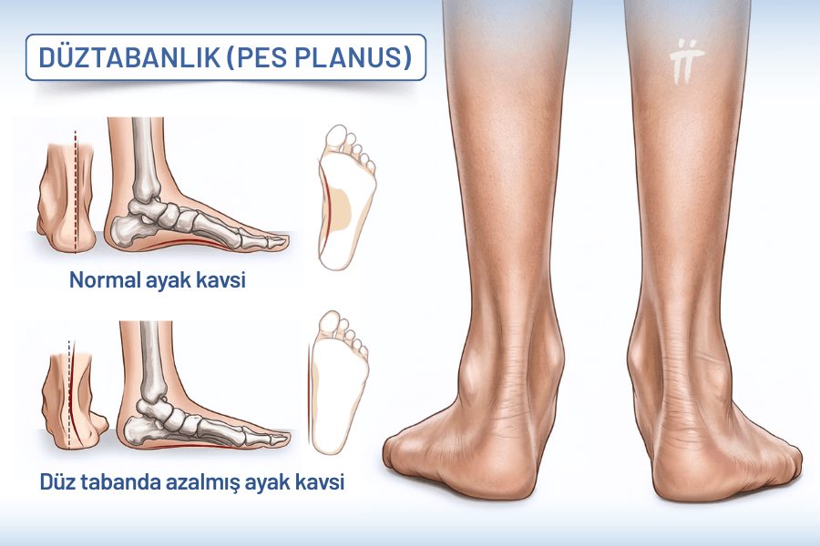 Ayağın iç kısmının yere tam temas etmesine neden olan düztabanlık, vücut dengesini bozarak ayak tabanı ağrısıyla birlikte diz, kalça ve bel ağrılarını da tetikleyebilir.