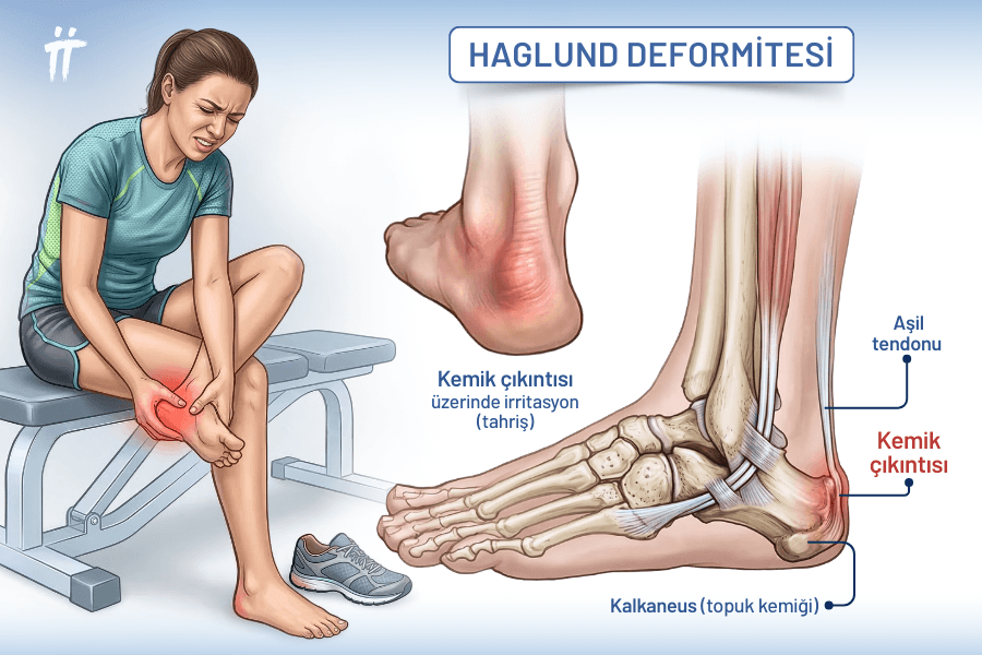 Topuk kemiğinin arkasındaki kemik çıkıntısı olan Haglund deformitesi, doku iltihaplanmasına bağlı olarak yürüme konforunu bozan bir ayak ağrısı yaratabilir.