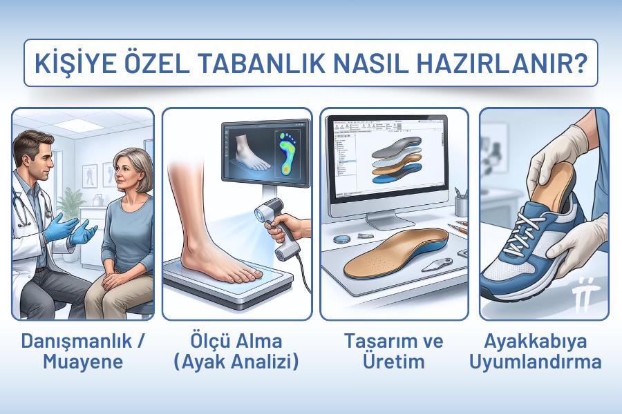 Ayak basınç haritası ve yürüme analizi verilerine göre şekillendirilen ortopedik ayakkabı tabanı, hassas bir şekilde hazırlanarak kullanıma sunulur.