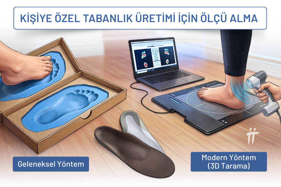 Kişiye özel tabanlık üretimi için lazer tarayıcılar veya köpük ya da alçı kullanılarak ayağın milimetrik kopyası çıkarılır.