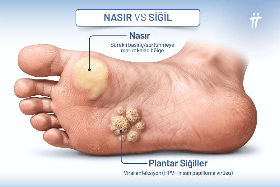 Baskı ve sürtünme kaynaklı oluşan nasırlar ile HPV virüsü nedeniyle meydana gelen siğiller, yürüme konforunu etkileyen bir ayak tabanı ağrısı yaratabilir.