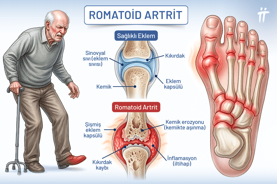 Bağışıklık sisteminin eklem zarlarına saldırmasına neden olan romatoid artrit, ayağı etkilediğinde şişlik ve ısı artışıyla birlikte ayak ağrısına yol açabilir.