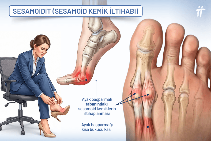 Başparmak tabanındaki küçük kemiklerin iltihaplanması, hareket sırasında şiddetlenen bir ayak altında ağrıya neden olabilir.