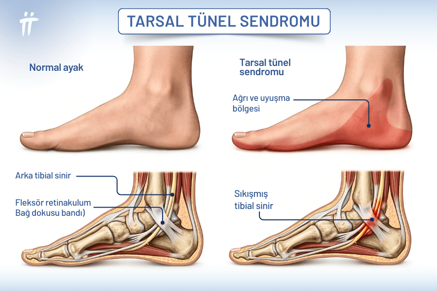 Ayak bileğinin iç kısmındaki tibial sinirin bulunduğu kanalda sıkışması, hareketle şiddetlenen ve uyuşukluğun eşlik ettiği bir ayak tabanı ağrısı şikayeti yaratır.