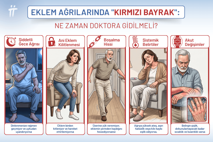 Dinlenmekle geçmeyen ağrılar, eklemde ani değişimler ve hareket kısıtlılığı "kırmızı bayrak" olarak kabul edilir. Bu belirtiler, erken müdahale gerektiren ciddi bir sorunun işaretçisidir.