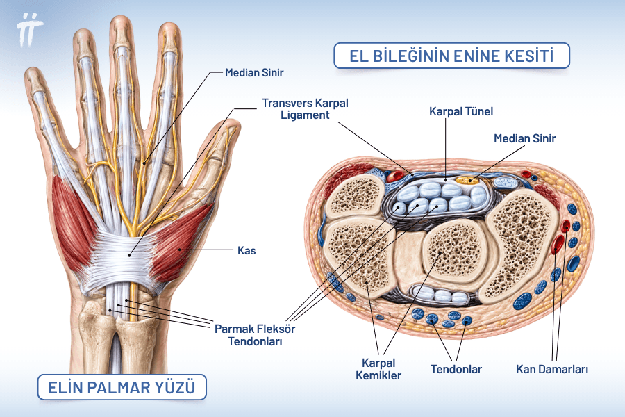 Median sinir (sarı renkte), el bileğindeki dar bir kemik-ligament kanalından geçer. Bu kanaldaki baskı arttığında sinir iletimi bozulur ve elde uyuşma başlar.