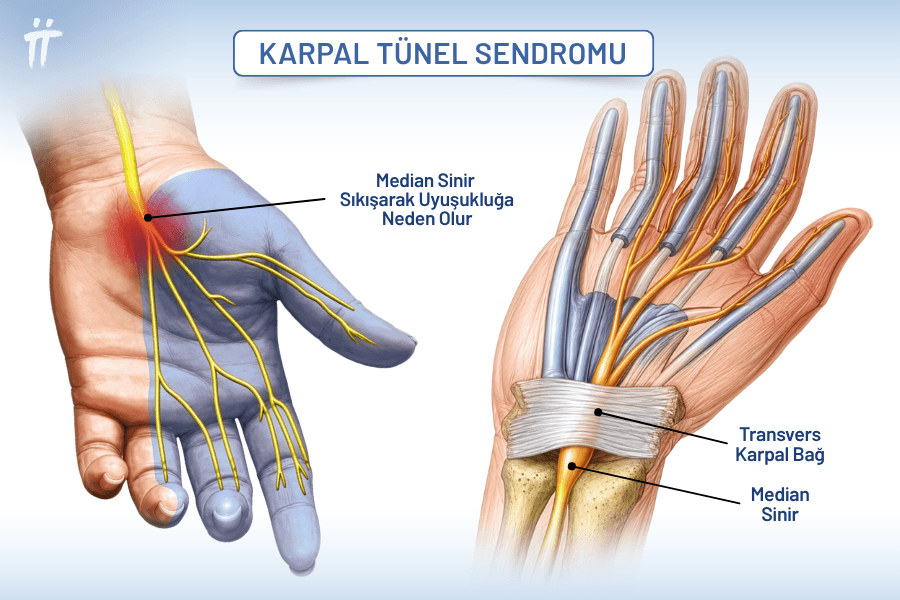 Bilekteki karpal tünel, median sinirin geçtiği dar bir kanaldır. Tekrarlayan hareketler veya sürekli baskı bu sinire basınç yaparak elde uyuşma, karıncalanma ve ağrıya neden olur.