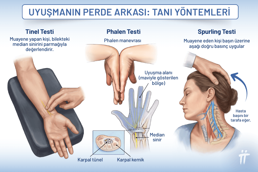 El uyuşması tanısında kullanılan temel klinik testler—soldan sağa: Tinel testi (bileğe hafifçe vurulma), Phalen manevrası (bileğin bükülmesi), Spurling testi (boyun kompresyonu).