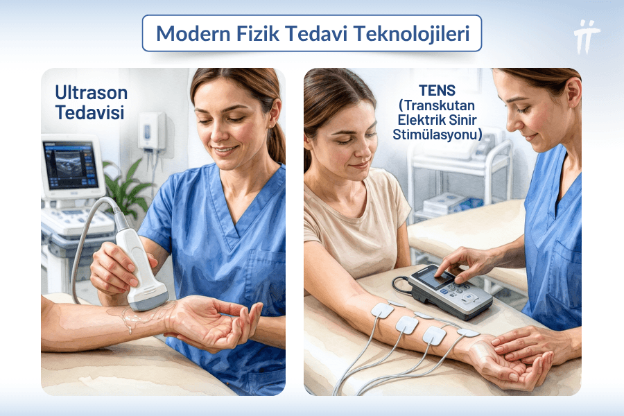 Sinir sıkışmasında kullanılan modern fizik tedavi teknolojileri. Soldan sağa: Dokunun derinlerine etki eden Ultrason, ağrı kesici TENS.