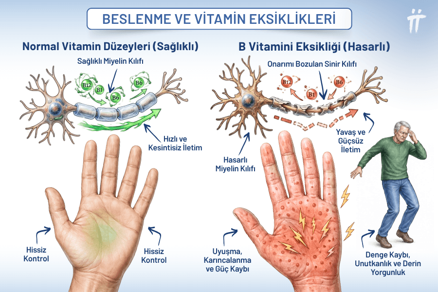 Vitamin eksikliğinin sinir iletimine etkisi. Sağlıklı miyelin kılıfı (solda) hızlı iletim sağlarken, B12 eksikliği sonucu hasar gören kılıf (sağda) el uyuşması ve güç kaybına neden olur.