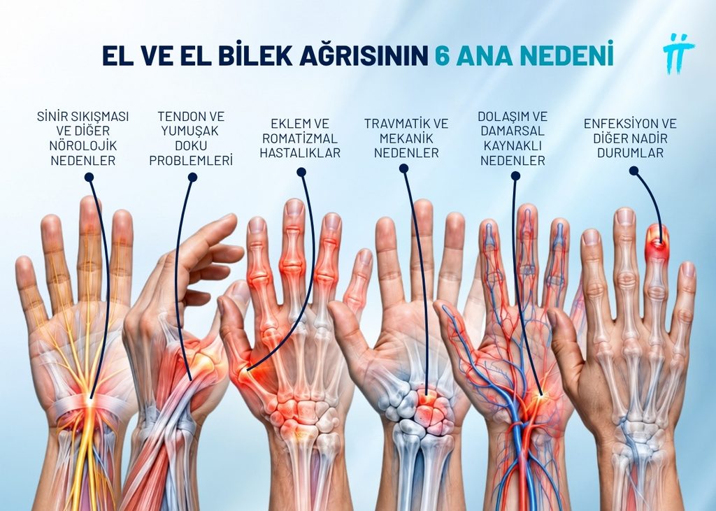 El ve el bilek ağrısının nedenleri altı ana kategoride toplanabilir: sinir sıkışmaları, tendon ve yumuşak doku sorunları, eklem-romatizmal hastalıklar, travmatik-mekanik nedenler, dolaşım-damarsal nedenler ve enfeksiyonlar.