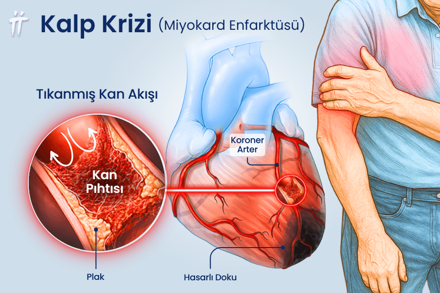 Kalp krizi, damar tıkanıklığı nedeniyle oluşur ve sol kol ağrısı gibi belirtilerle kendini gösterebilir.